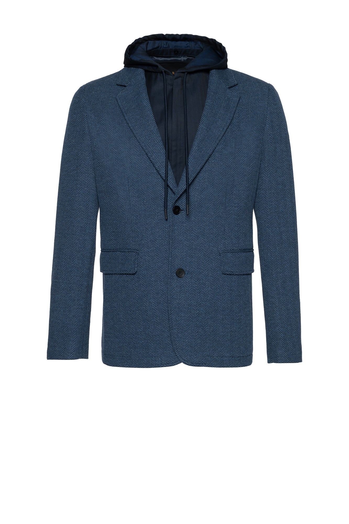 BRANDON BLUE HERRINGBONE SPORTS COAT WITH HOOD 29.5 INCH LENGTH