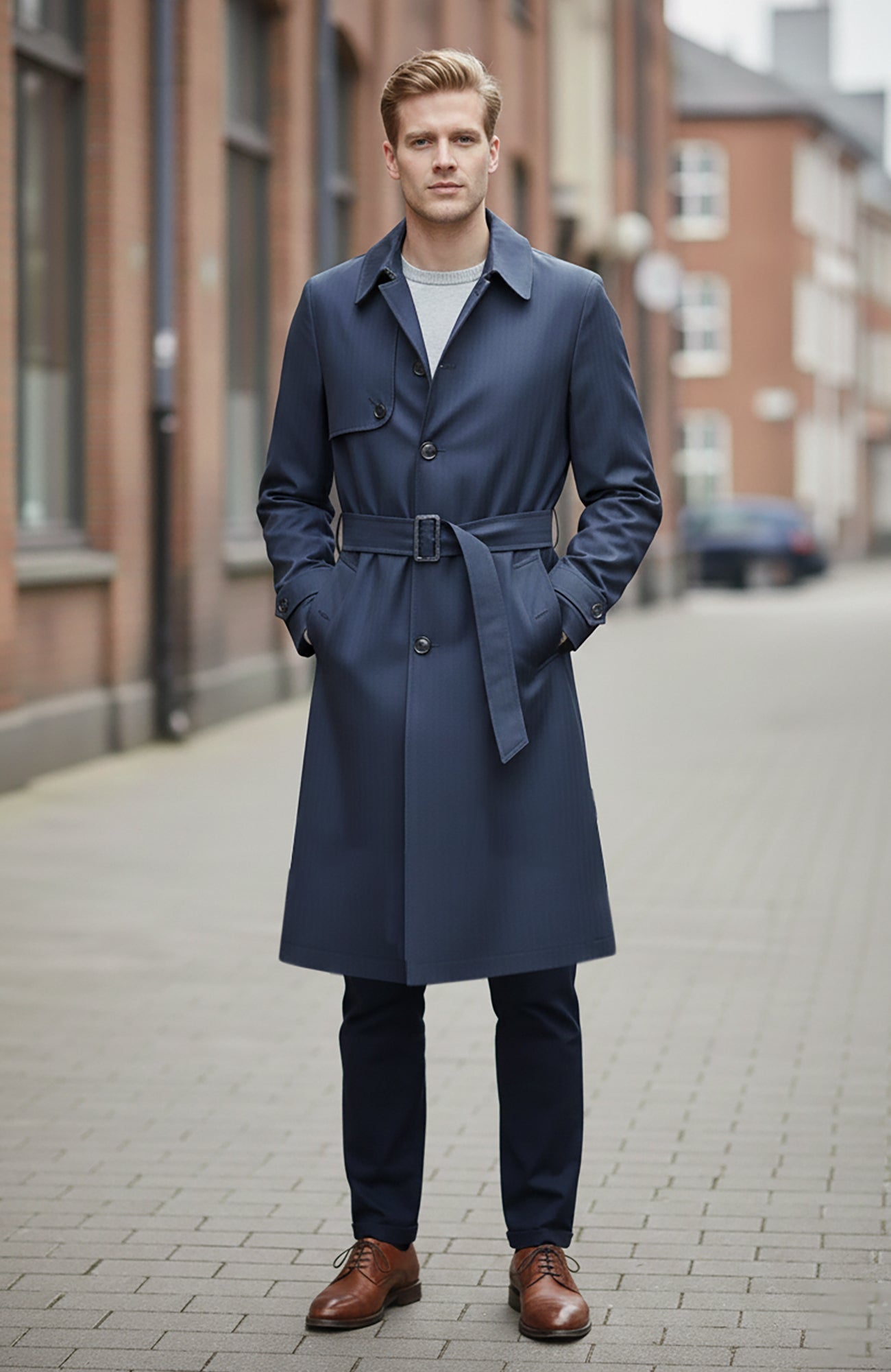 Man Ray Navy Herringbone Wool Trench Coat - Cardinal of Canada - CA - Man Ray Navy Herringbone Wool Trench Coat