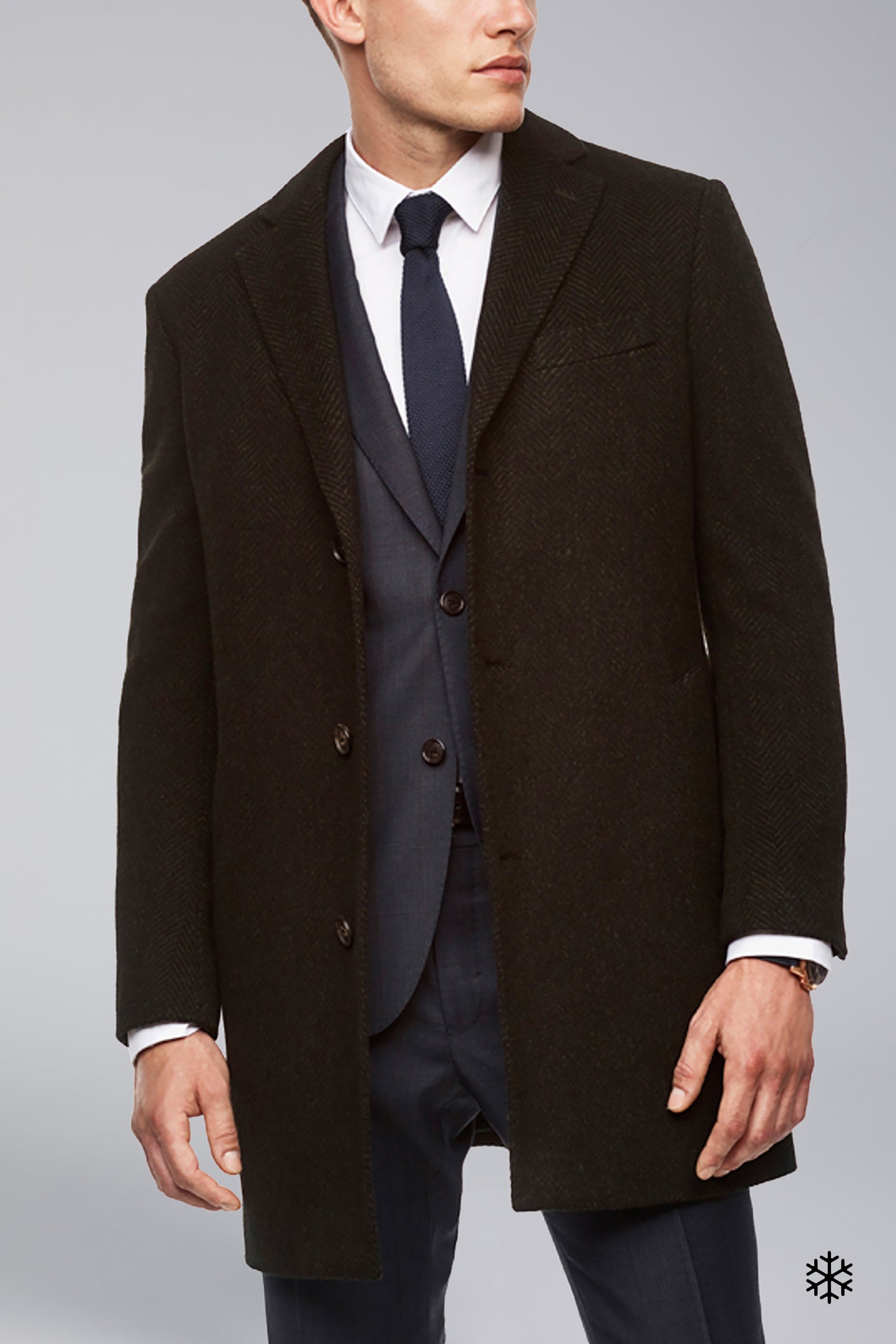 Stone Slim Fit Wool & Cashmere Overcoat - Navy-Olive Herringbone
