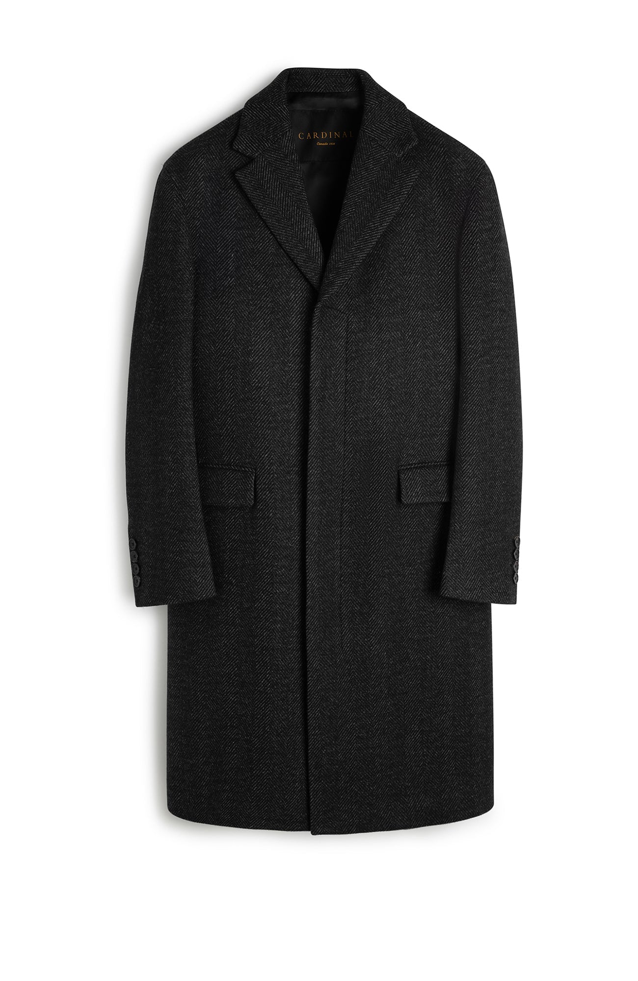 LIMITED EDITION: MERCER CHARCOAL HERRINGBONE WOOL TOPCOAT - MENS - Cardinal of Canada - CA - MERCER CHARCOAL HERRINGBONE TOPCOAT 41.5 inch length