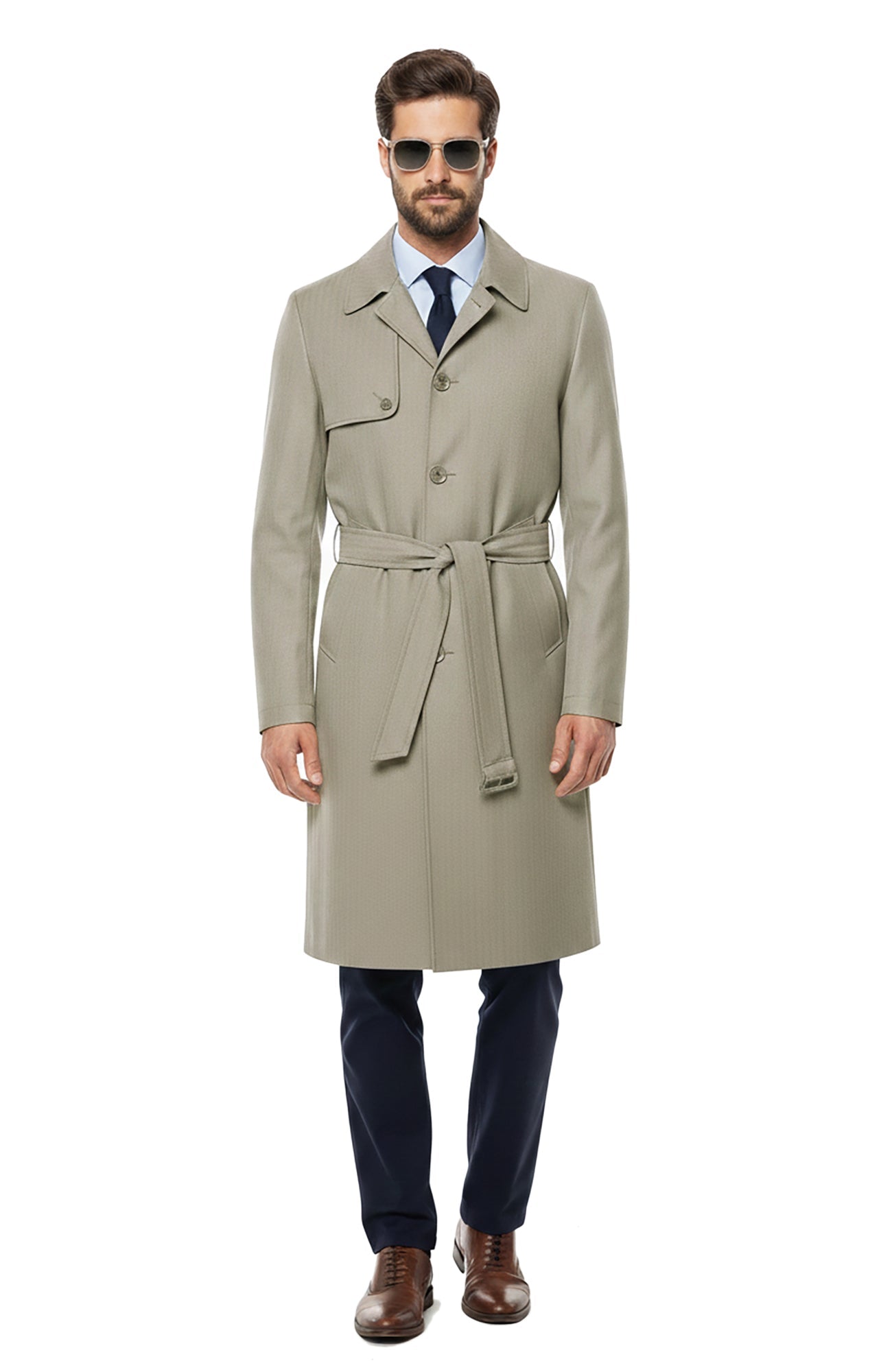 Man Ray Khaki Herringbone Wool Trench Coat - MENS - Cardinal of Canada - CA - Man Ray Khaki Herringbone Wool Trench Coat