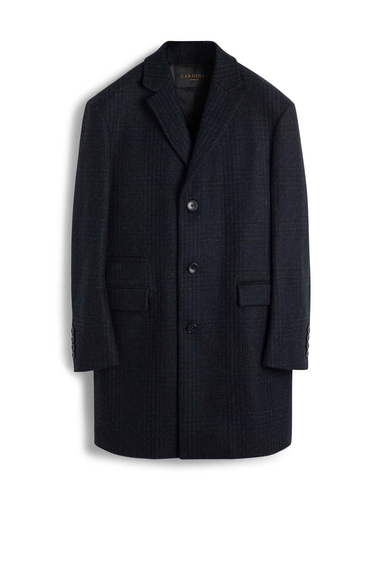 SHERWOOD NAVY PLAID WOOL TOPCOAT - MENS - Cardinal of Canada - CA - SHERWOOD NAVY PLAID WOOL TOPCOAT 36 INCH LENGTH