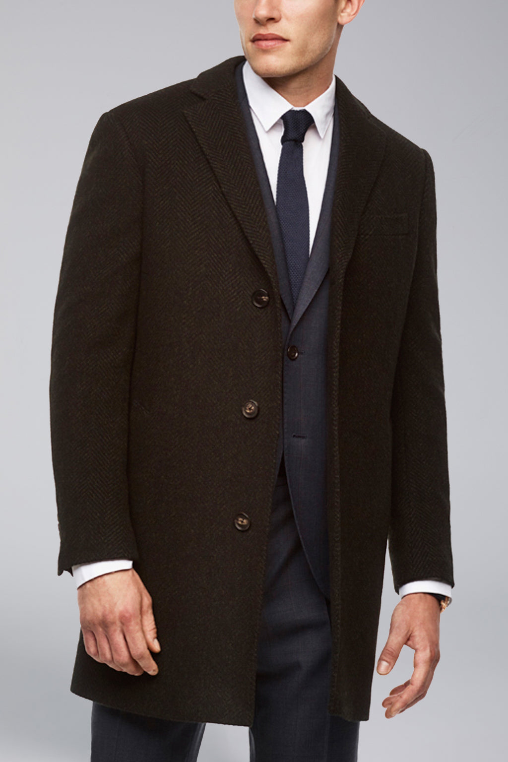 Stone Slim Fit Wool & Cashmere Overcoat - Navy-Olive Herringbone